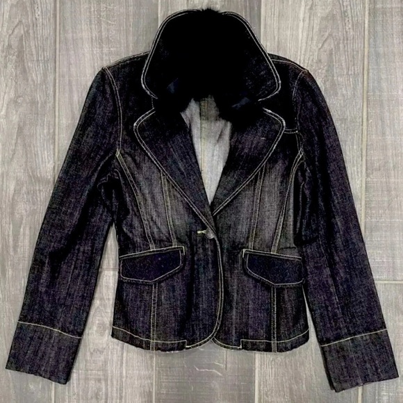 bebe Jackets & Blazers - Vintage bebe Dark Wash Denim Jacket lace pocket detail.